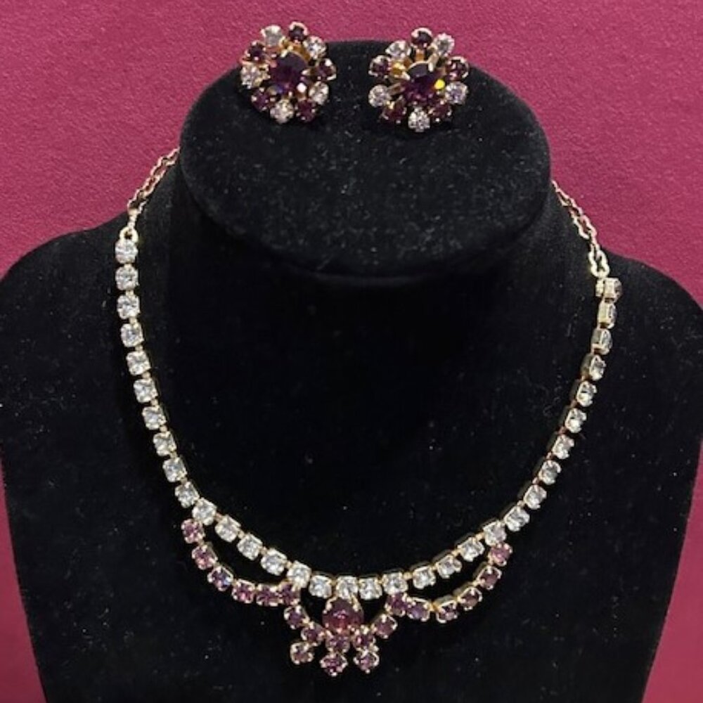 VTG ‘50s Purple/Clear Crystal Rhinestone Necklace Earrings SET